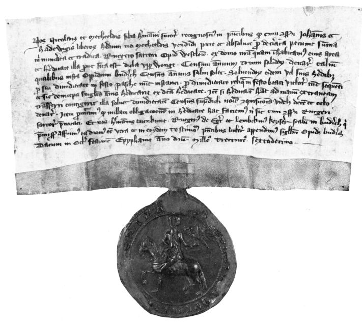 Ältester Abdruck des Büdericher Stadtsiegels an einer Urkunde vom 13. Januar 1316 (Quelle: Wikipedia, gemeinfrei)